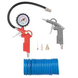 Intertool PT-1500 Набор пневмоинструментов 6 единиц, пистолет для накачки шин, продувочный пистолет, шланг полиуретановый 5м., три наконечника